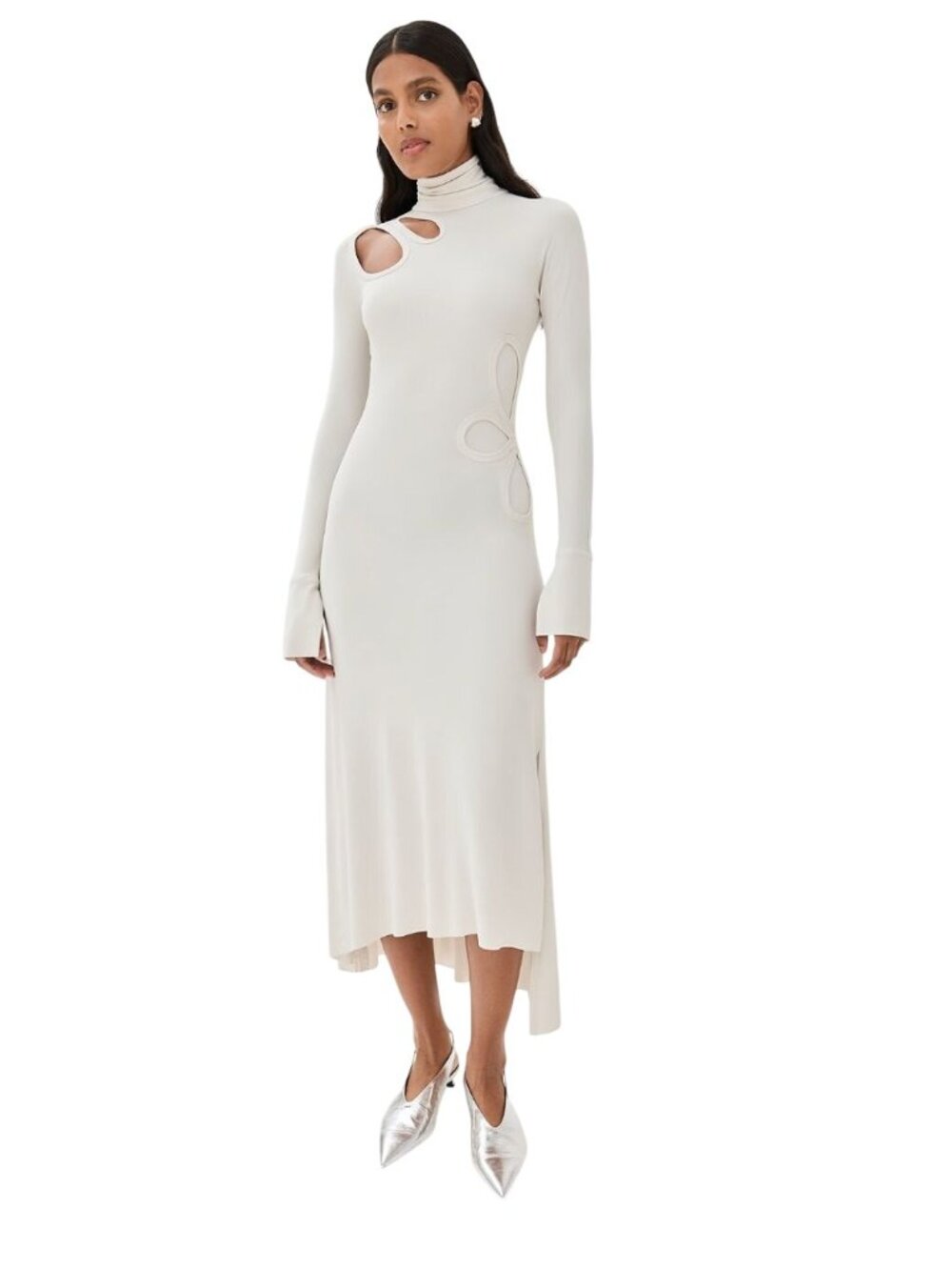 Victoria Beckham Long Sleeve Cut Out Jersey Midi Bone Ecru - US 8